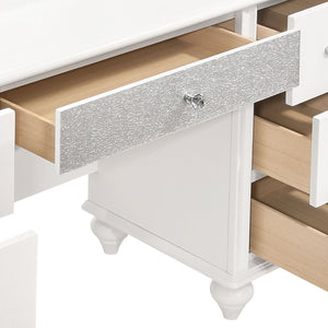 English Elm Charlotte White 7-Drawer Vanity Desk with LED Mirror, Glossy Modern Glam Makeup Table for Luxe Rooms B062S01008