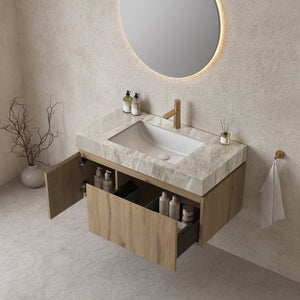 English Elm MURI Modern Wall-Mounted Vanity with Sintered Stone Top and Ceramic Basin, Plywood Cabinet, 39" Light Gray,White Oak W2615S00338
