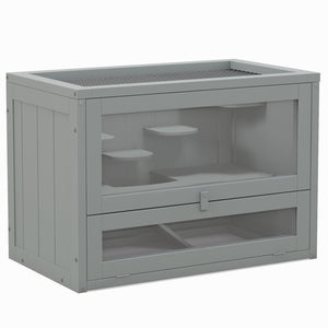 English Elm PawHut Wooden 2-Level Small Animal Habitat for Hamsters Mice Gerbils Guinea Pigs with Ramp and Ventilated Top Grey W2225P200495