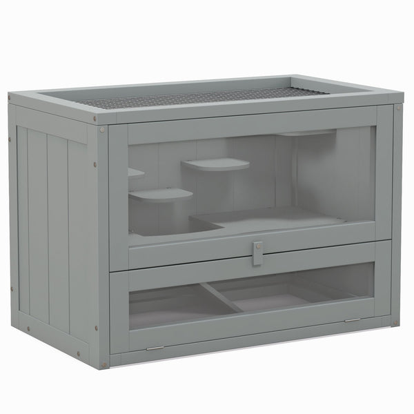English Elm PawHut Wooden 2-Level Small Animal Habitat for Hamsters Mice Gerbils Guinea Pigs with Ramp and Ventilated Top Grey W2225P200495