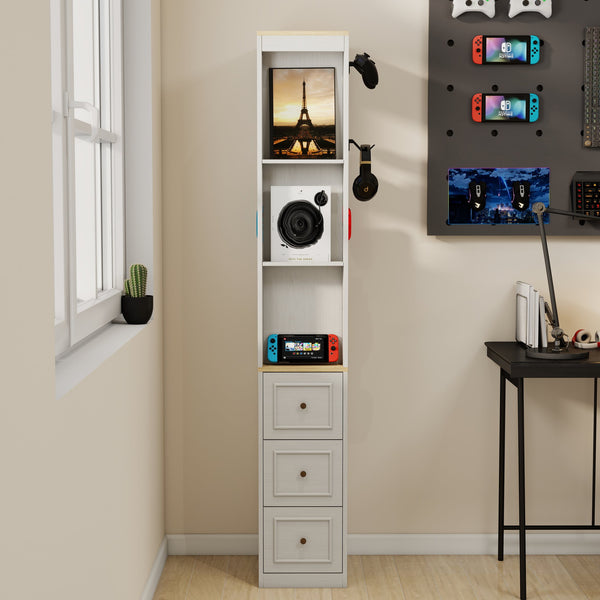 English Elm 73" Slim Tower Cabinet Antique White Mdf with Drawers Hooks and Display Shelves W1120P327084
