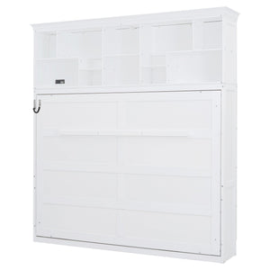 English Elm Queen Murphy Wall Bed Cabinet with Integrated Shelves Usb Charging Space Saving Design White LP006668AAK-1