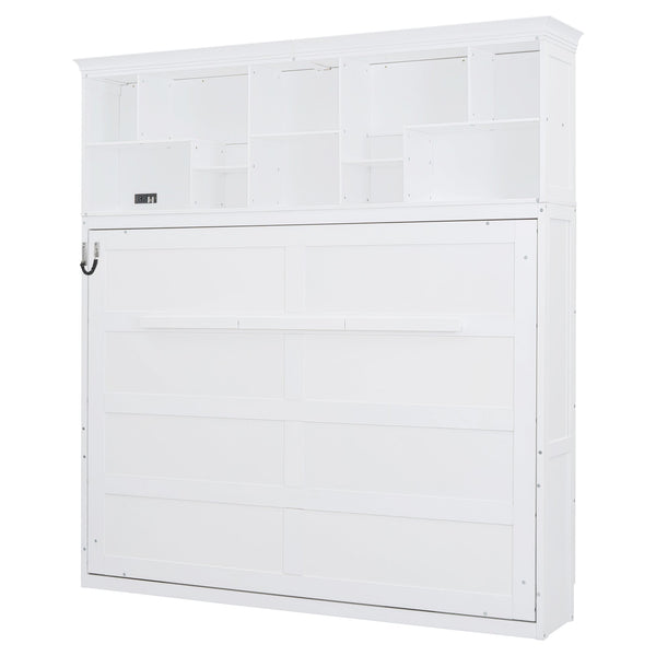 English Elm Queen Murphy Wall Bed Cabinet with Integrated Shelves Usb Charging Space Saving Design White LP006668AAK-1