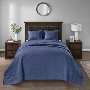 JLA Home Madison Park - 3 Reversible Bedspread Set with Quilted Stitch Texture, Oversized Drape, Antimicrobial Soft Cotton Fill Navy MP13-6131