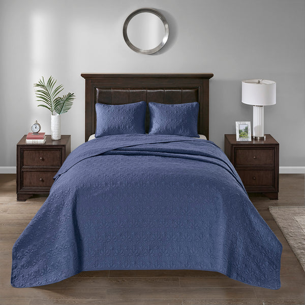 JLA Home Madison Park - 3 Reversible Bedspread Set with Quilted Stitch Texture, Oversized Drape, Antimicrobial Soft Cotton Fill Navy MP13-6131