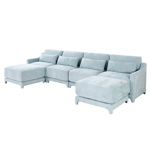 English Elm Four-Seater Sofa Set With Movable Ottoman & Lumbar Pillow - Elegant Sky Blue Chenille Comfort! W714S01212
