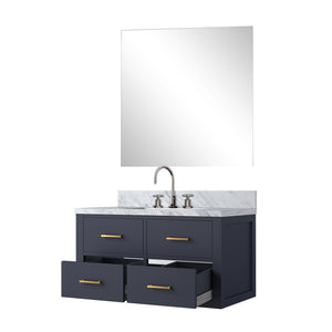 English Elm Blue Single-Sink Vanity Set With Carrara Marble Top, Chrome Faucet & Frameless Mirror – Stylish Elegance B2731S01984