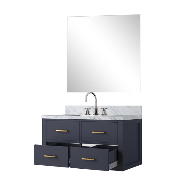 English Elm Blue Single-Sink Vanity Set With Carrara Marble Top, Chrome Faucet & Frameless Mirror – Stylish Elegance B2731S01984
