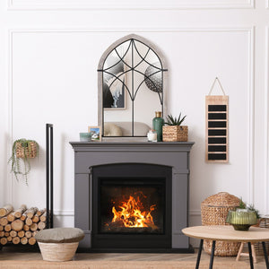 English Elm HOMCOM Rustic Arch Window Wall Mirror 36.5"x23.5" Distressed Wood Grain Frame, Trellis Design, Brightens Room W2225P229130