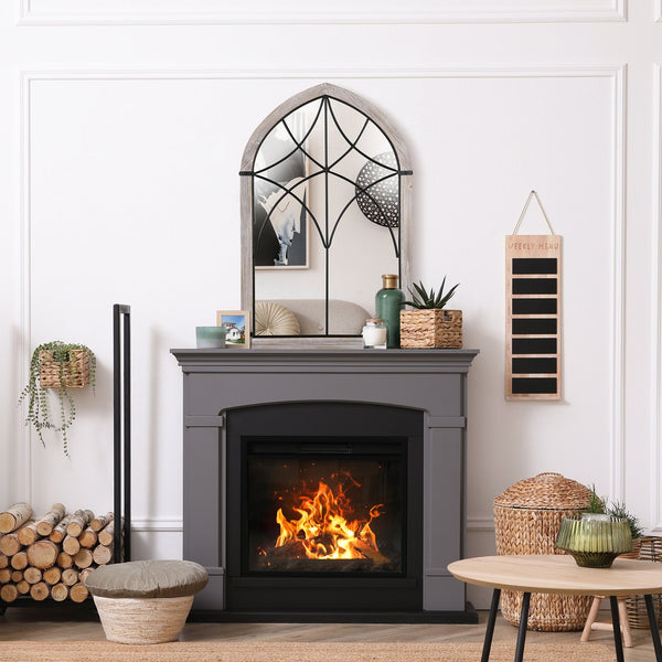 English Elm HOMCOM Rustic Arch Window Wall Mirror 36.5"x23.5" Distressed Wood Grain Frame, Trellis Design, Brightens Room W2225P229130