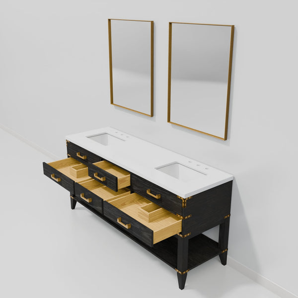 English Elm Black Oak Double Bath Vanity 72" With White Quartz Top & Two 34" Mirrors For Stylish Storage Solutions B2731S02165