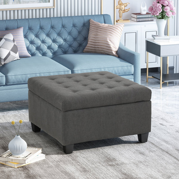 English Elm Upholstered Waffle Tufted Storage Ottoman with Birch Legs for Modern Living Rooms N757P377356E