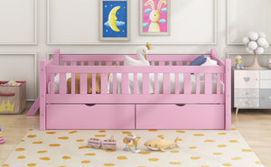 English Elm Wood Twin Platform Bed with Guardrail, Solid Pine Construction, 2 Underbed Drawers for Storage and Playroom Space Pink N709P242145H