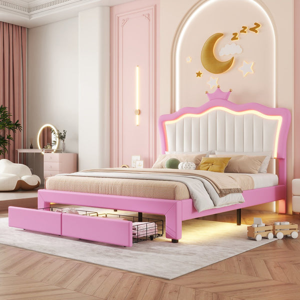 English Elm Full Size Upholstered Bed Frame With Led Lights – Chic Pink Princess Design, Crown Headboard & Storage Drawers W2770P190367