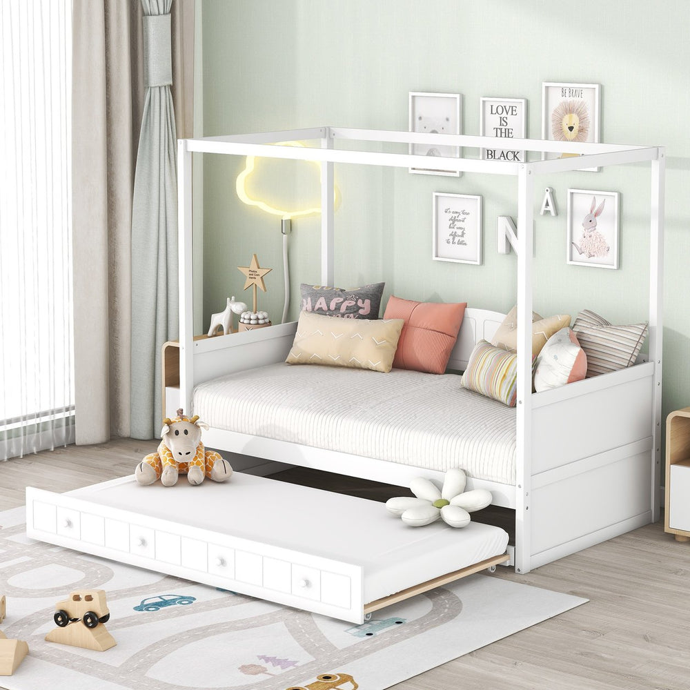 English Elm Twin Canopy Daybed with Pull Out Trundle Pinewood Frame for Kids or Guest Rooms N708P373423K