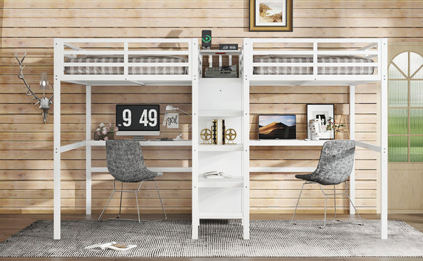 English Elm Twin Metal Loft Bed with Study Desk Wardrobe Shelving and Outlet for Kids Rooms W1580S00373