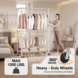 English Elm Heavy Duty Carbon Steel Rolling Garment Rack with Wire Shelving Dual Rods and Side Hooks White W5386P480951