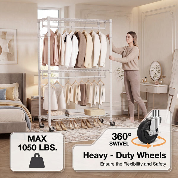 English Elm Heavy Duty Carbon Steel Rolling Garment Rack with Wire Shelving Dual Rods and Side Hooks White W5386P480951