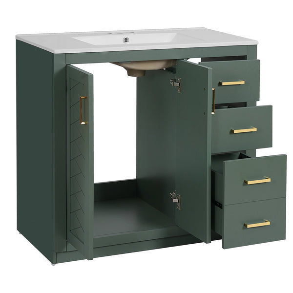 English Elm 36'' Bathroom Vanity with Ceramic Sink Combo Solid Wood Frame Soft-Closing Drawers Ample Storage Elegance Green N710P243327F