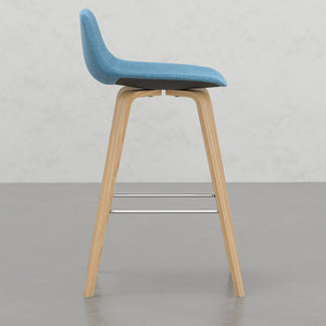 English Elm Harvard Mid-Century Bentwood Counter Bar Stools Set of 2 in Blue Linen Upholstery with Chrome Footrest B2732P253609