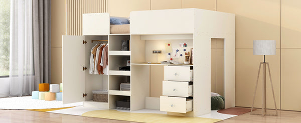 English Elm Wood Full Size Loft Bed with Built-In Wardrobe, Spacious Desk, Shelves and 3 Drawers for Storage Beige GX001819AAA
