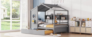 English Elm Wooden Full Size House Bed with Trundle and Built-In Shelves — Modern Pine Frame, Whimsical Roof Design Gray 57.2 L x 16.25 W x 5.9 H N733S316125E