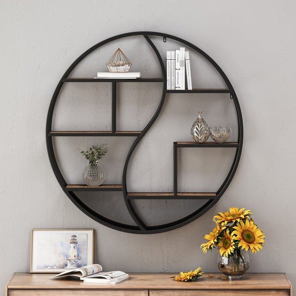 English Elm Christopher Knight Home® - Metal Wall Shelf with wood and iron frame — decorative floating shelving unit for living room decor, bedroom organizer, hallway centerpiece, rustic modern storage Black 63812.00