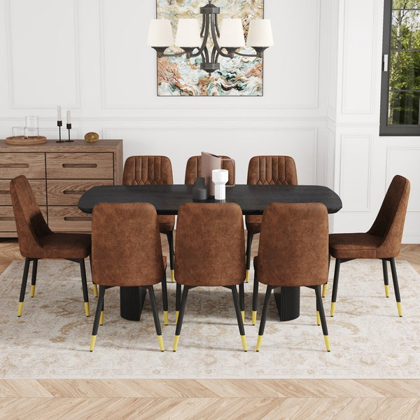 English Elm Table Set: Elegant Black Wood-Grain Dining Table With 8 Comfortable Brown Techno-Fabric Chairs W1151S04170-GIGA