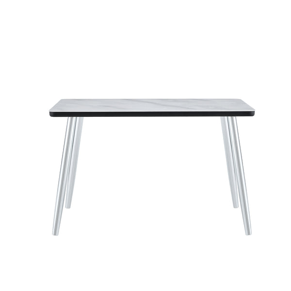 English Elm Modern Marble Look Glass Top Dining Table Slim Silver Legs Seats Six Minimalist W1151S04620