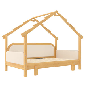 English Elm Twin Pine Treehouse Floor Bed with Padded Rails and Cabin Roofline for Kids White W1580S00383