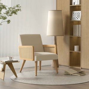 English Elm Accent Chair Mid-Century Rattan Arms Set of 2 with Rubber Wood Legs, Plush Fabric Seat, Cozy Lounge Beige T3950P394498