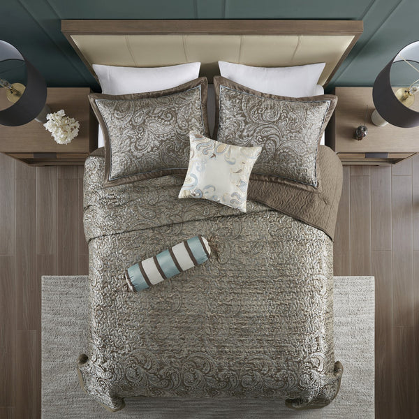 English Elm 5 Aubrey Reversible Jacquard 5-Piece Bedspread Set King with Paisley Weave, Taupe Blue Sheen Accent Blue+Brown 22.83 L x 17.72 W x 12.2 H B03597490