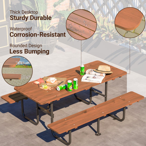 English Elm 72" Solid Wood Outdoor Picnic Table Seats 6 with Attached Benches and Umbrella Hole W1422S00061