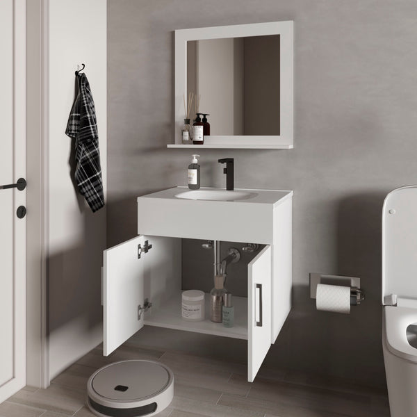 English Elm Slater Floating Bathroom Vanity Set with Sink and Mirror Shelf, Space-Saving 24" White Cabinet B128P314805