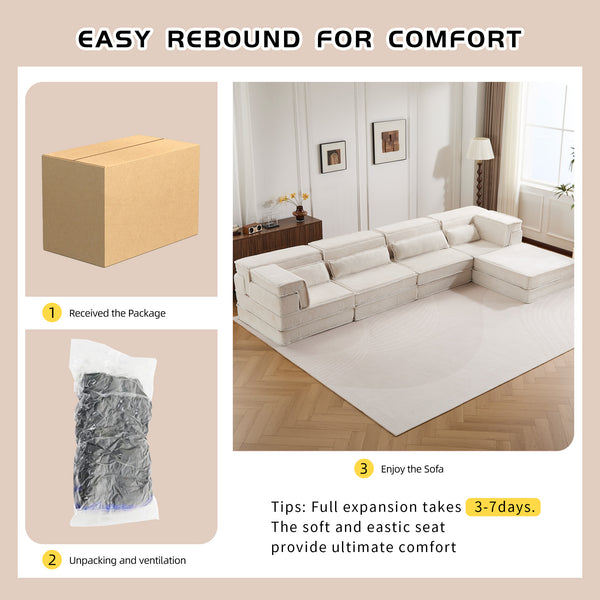 English Elm Compression Mahjong Sofa Bed - Versatile Modular Design, Cozy Circle Fleece, No Assembly, 4 Seater W3723S00035