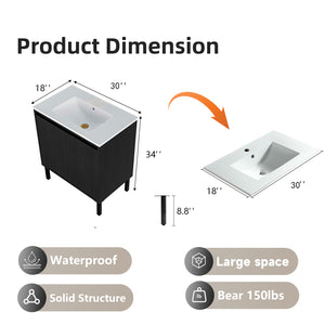 English Elm 30 Inch Bathroom Vanity with Sink — Floor-Standing Stability, Soft-Close Drawers, Ample Storage, Durable Finish Black 35.47 L x 8.07 W x 21.85 H W3520S00015
