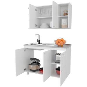 English Elm Elica Two-Piece Kitchen Cabinet Set in Kronos White — Upper Double Doors, Lower Storage & Prep Surface B070S00394
