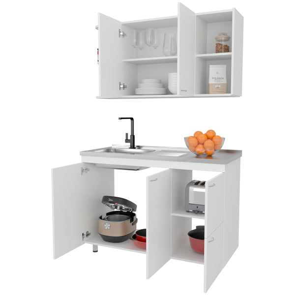 English Elm Elica Two-Piece Kitchen Cabinet Set in Kronos White — Upper Double Doors, Lower Storage & Prep Surface B070S00394