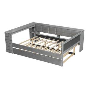 English Elm Full Size Upholstered Platform Bed With Trundle, Charging Station, And Smart Storage In Gray Velvet N7090000604E