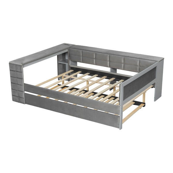 English Elm Full Size Upholstered Platform Bed With Trundle, Charging Station, And Smart Storage In Gray Velvet N7090000604E