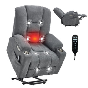 English Elm Emon's Overstuffed Chenille Power Lift Recliner with Massage Heat and Charging Ports Grey W1803S00090