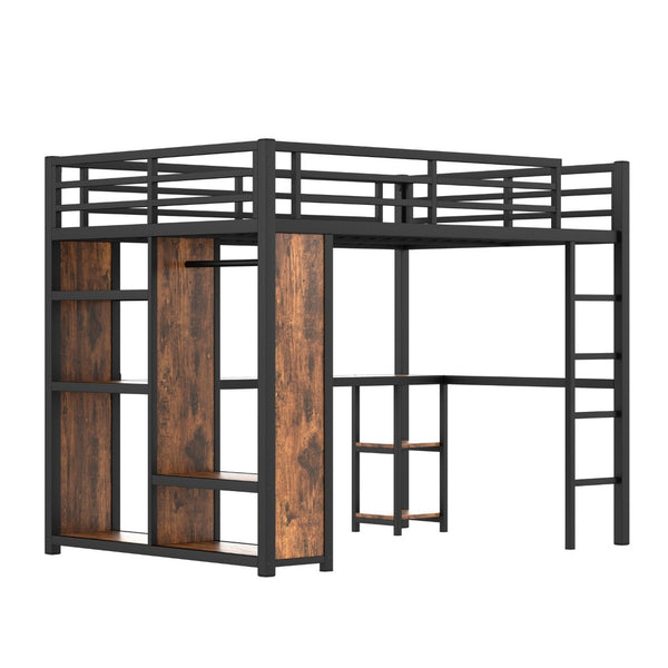 English Elm Queen Size Loft Bed Frame With Integrated Wardrobe, Desk & Storage Shelves For Space-Saving Style W1580S00178-GIGA