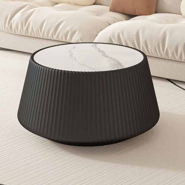 English Elm Light Sintered Stone Top Round Coffee Table with Sculpted Leather Base for Living Room W3081P367629