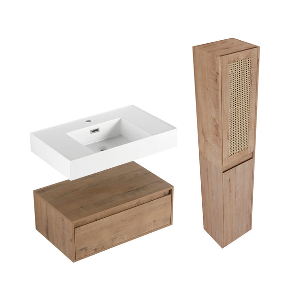 English Elm 30 Inch Wall-Mounted Bathroom Vanity Set With Resin Sink & Soft-Close Drawers For Modern Spaces W999S00350