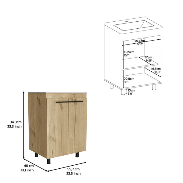 English Elm Free Standing Sink Cabinet Light Oak Beige, 23.8" Engineered Wood Vanity with Sink, 2 Shelves, FSC Compliance B097S00152