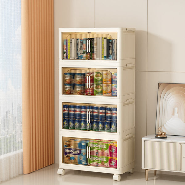 English Elm 19.69" Versatile 4-Tier Folding Storage Cabinet With Wheels, Magnetic Door & Collapsible Bins For Home W2873P207556