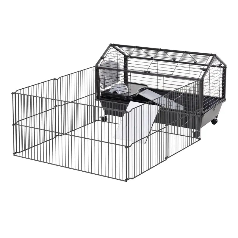 English Elm Rolling Two-level Steel Wire Pet Hutch with Exercise Run and Foldable Matte Black Frame T3971P436254