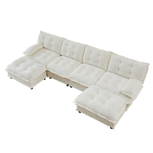 English Elm 138" U-shaped Chenille Cloud Sectional Sofa Four Seat Modular with Ottomans Lounge W714S01685