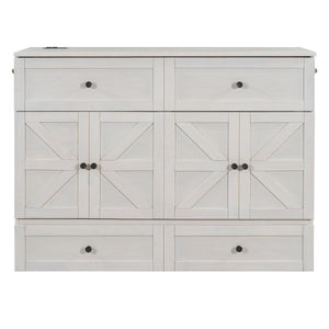 English Elm Full Size Murphy Bed Rattan Cabinet with Storage Drawers and Gold Hardware N708S00005AAK