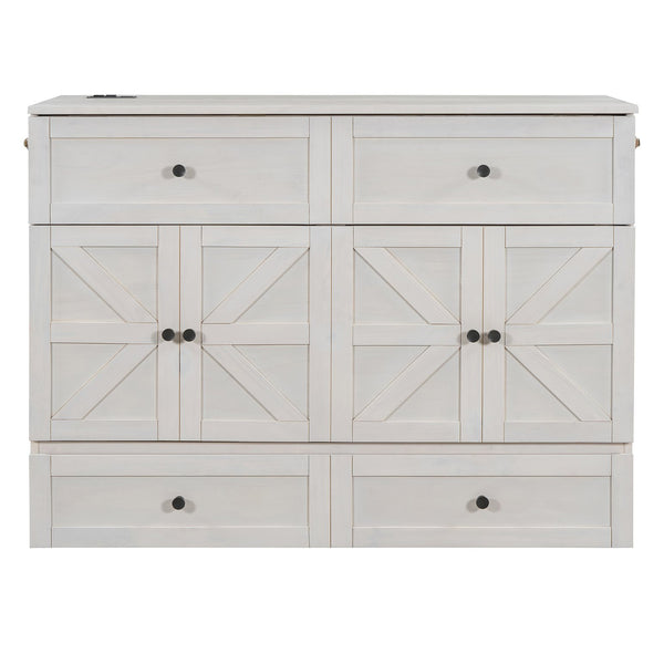 English Elm Full Size Murphy Bed Rattan Cabinet with Storage Drawers and Gold Hardware N708S00005AAK